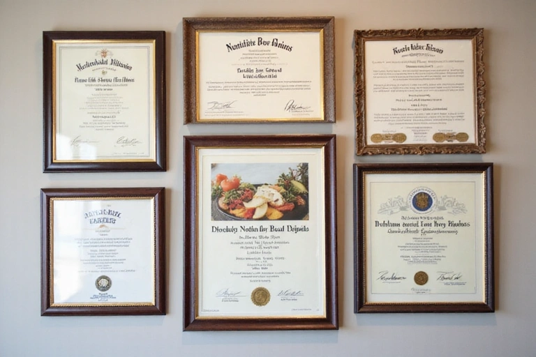 Collection of professional certificates and awards displayed neatly