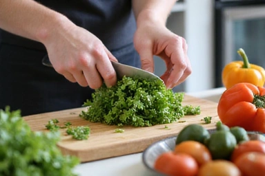 A person preparing a meal with fresh ingredients in a modern kitchen