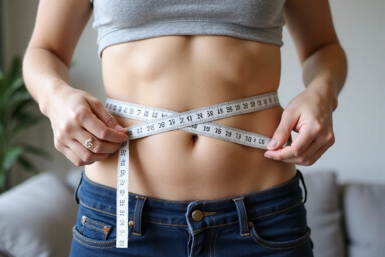 A person measuring their waist with a tape measure, symbolizing weight management.