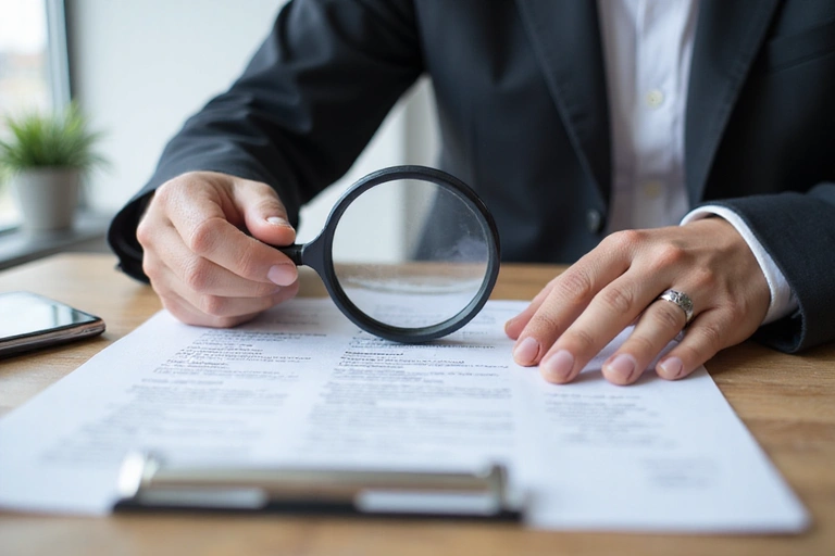 A person reading a legal document with a magnifying glass, symbolizing careful review of terms.